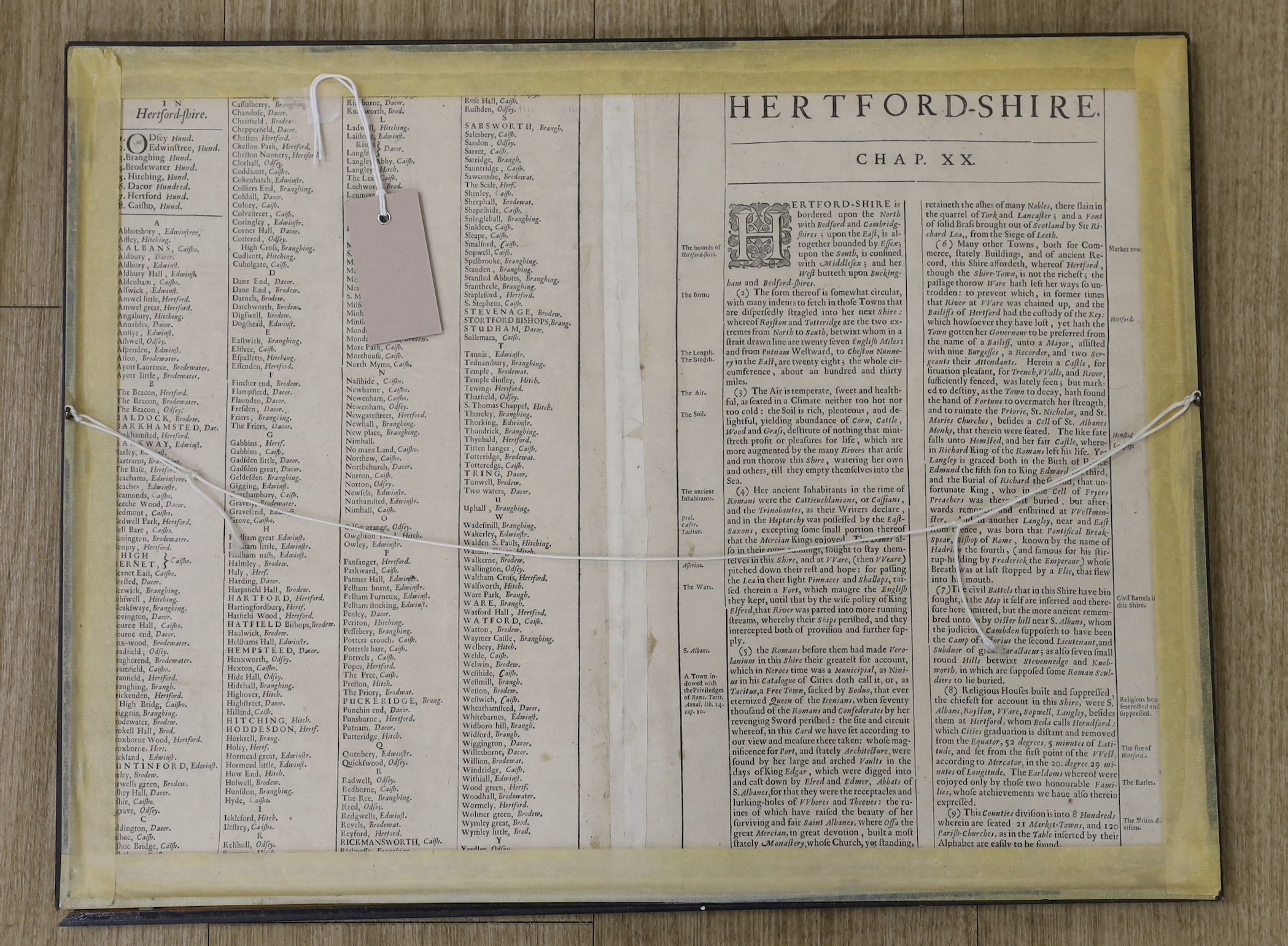 John Speede, coloured engraving, map of Hertfordshire, 39 x 50cm